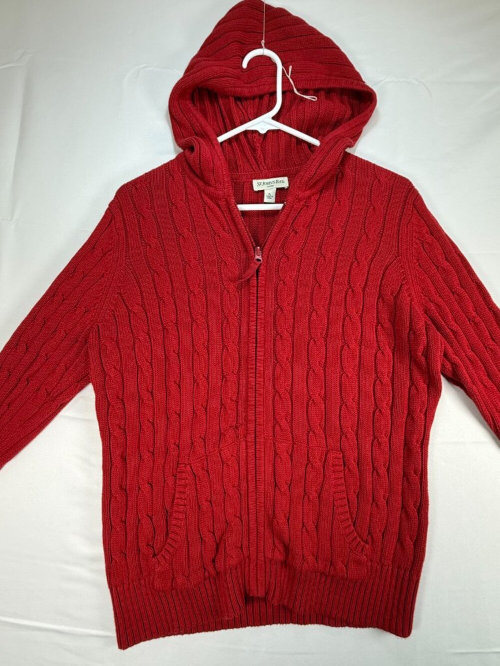 St. Johns Bay Red Cable Knit Heritage Hoodie Women's PL Full Zip Cotton Sweater